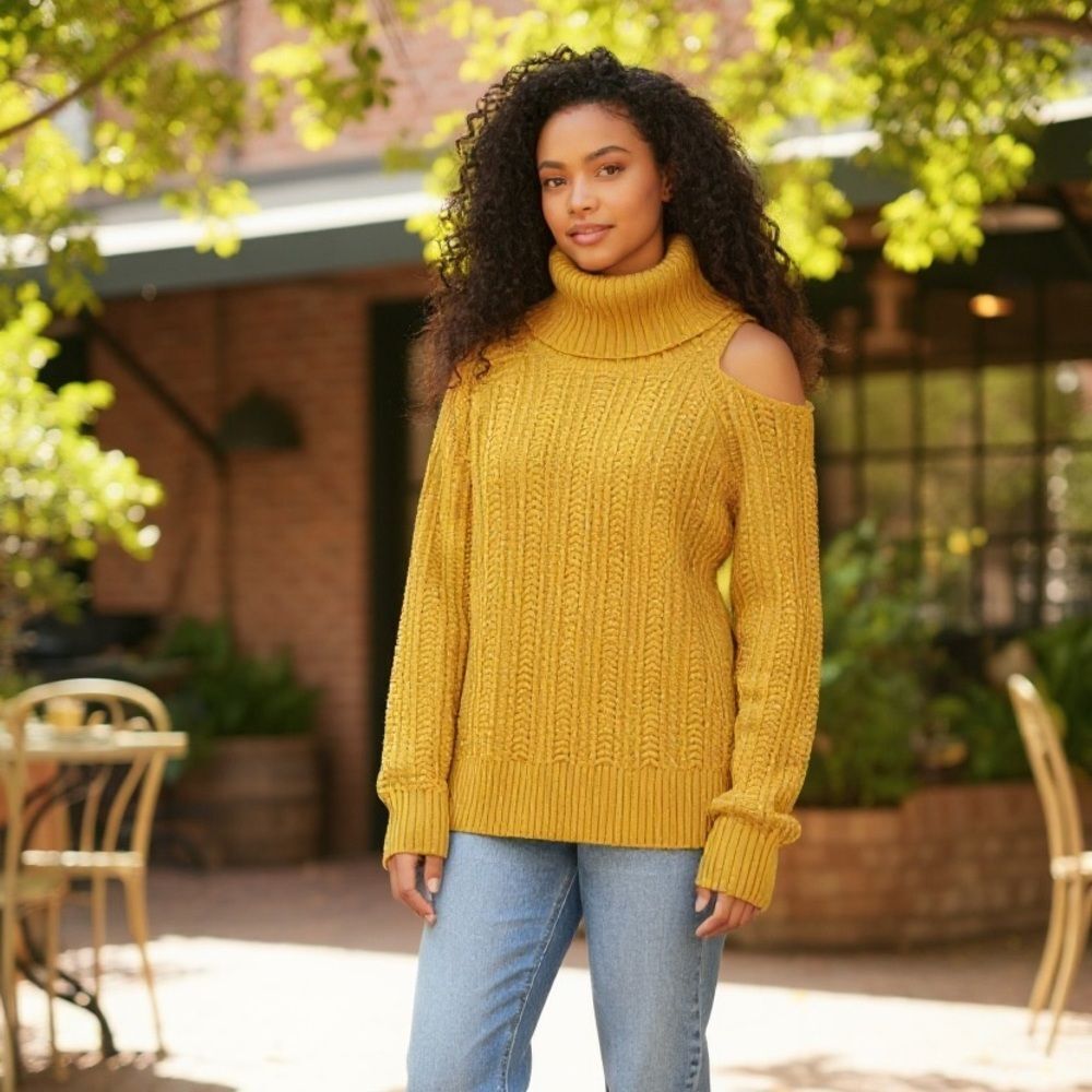 Studio Park Mustard Yellow Cable Knit Cowl Neck Cold Shoulder Sweater Small S